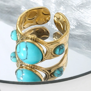 Retro gold stainless steel ring featuring large oval turquoise and hammered texture