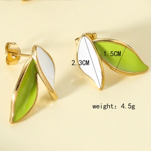 Detailed size view of leaf stud earrings with green enamel and gold metal frame