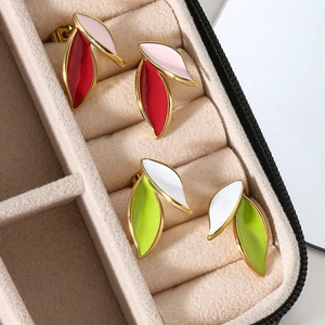Leaf-shaped stainless steel stud earrings with colorful enamel and golden plating