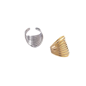 Minimalist multi-layered stainless steel rings in gold and silver finishes on white background