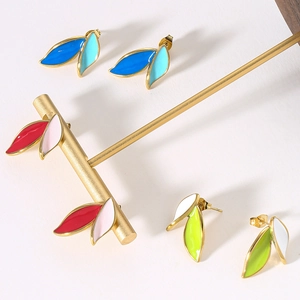 Leaf shaped stainless steel enamel stud earrings set in colorful vintage designs