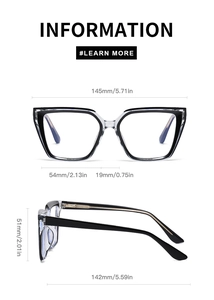 Detailed size chart for cat-eye blue light glasses showing frame dimensions in mm and inches