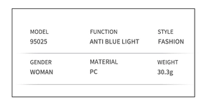 Detailed spec card for women's PC cat eye blue light glasses, model 95025, 30.3g weight