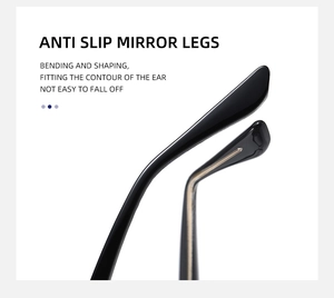 Detail of anti-slip black eyewear temple tips with flexible bending and ear contour fit