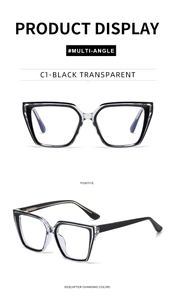 Detail of transparent black cat-eye glasses frame with metal hinges and photochromic lenses