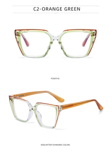 Macro detail of cat-eye anti-blue light glasses frame in orange-green gradient finish