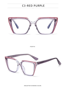 Detail of purple cat eye glasses frames with red accents and transparent texture