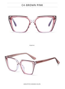 Detailed views of brown pink gradient cat eye glasses frames with metal hinges