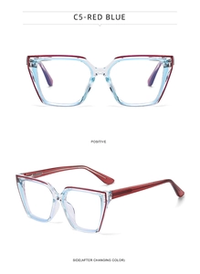 Detail view of cat eye blue light blocking glasses in transparent light blue and dark red