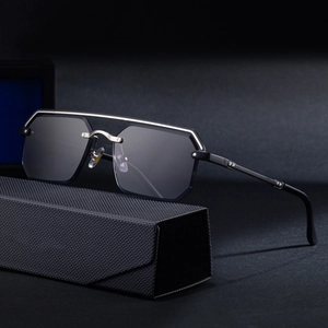 Lunettes de soleil sans monture homme avec double pont et étui texture fibre de carbone