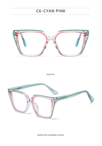 Detail of cat eye glasses frame in cyan pink showing positive and side color-changing view