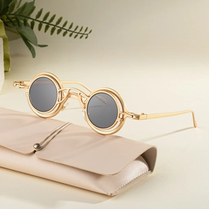 Steampunk round metal sunglasses with double hollow frames and grey lenses on leather case