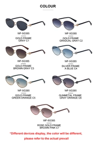 Close-up of oval sunglasses with clover metal hinges in seven stylish color combinations