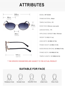 Detailed size specifications for oval sunglasses with purple gradient lenses and dimensions