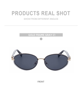 Detailed front view of gold frame oval sunglasses with gray lenses and clover hinge detail