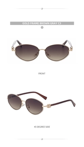 Detailed front and side views of gold oval sunglasses with clover hinge detail and gradient lenses