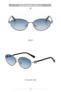 Detail of silver oval sunglasses with blue gradient lenses and flower temple accents