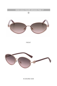 Front and side view of oval sunglasses with rose gold frames and clover detail