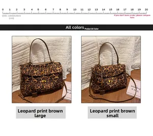Detailed comparison of large and small leopard print crossbody bags with metal twist locks