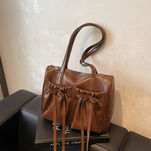 Women Shoulder Bag PU Leather Bowknot Pleated Pockets Vintage Sweet Large Capacity Tote Underarm Handbag Retro Style