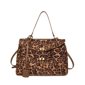 Leopard Print Crossbody Bag Suede PU Leather Handbag With Gold Turn Lock Large Capacity Retro Commute Shoulder Bag For Women