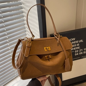 Sac À Main En PU Suède Givré Rétro Grande Capacité Sac À Bandoulière Vintage Verrouillage Doré À Poignée Supérieure Femmes