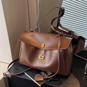 Grand Sac Fourre-Tout Pour Femmes Daim PU Cuir Épissage Double Verrouillage Métallique Sac À Main Bandoulière Vintage