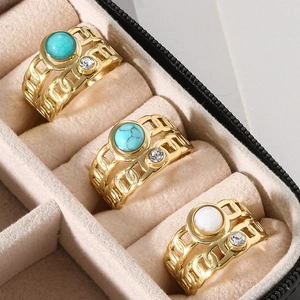 Vintage wide gold plated stainless steel adjustable rings with turquoise and marble stones