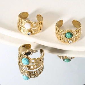 Vintage wide gold stainless steel open rings with natural stones and tiny zircons
