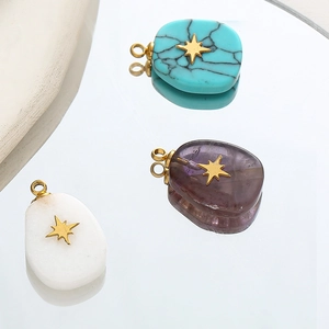 Retro stainless steel star pendants with natural turquoise and amethyst teardrop stones