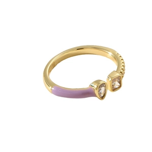 Adjustable copper ring with purple enamel, tear-drop zircon, and pavé set crystals