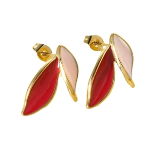 Leaf-shaped stainless steel earrings with red and pink enamel in a gold finish
