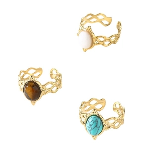 Vintage hollow gold rings set for women with natural stones including turquoise and tiger eye