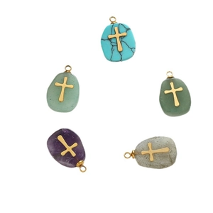 Pendentifs en pierres naturelles en forme de goutte avec croix dorée et anneaux en acier