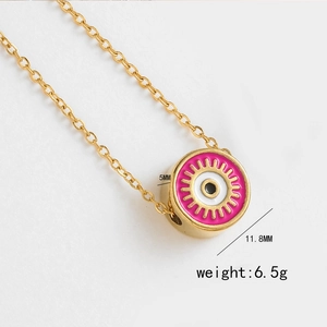 Detailed view of 11.8mm pink evil eye pendant necklace with 5mm thickness measurement