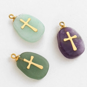 Pendentif Goutte En Pierre Naturelle Avec Croix Dorée Acier Inoxydable Bijou Religieux
