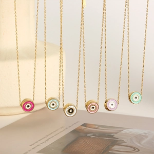 Set of six retro stainless steel devil eye pendant necklaces in various enamel colors