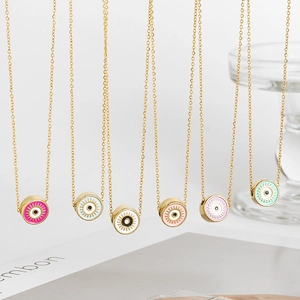 Set of six colorful evil eye pendants on gold chains with drip oil vintage finish