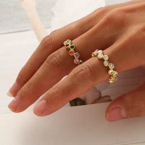 French vintage gold wave ring with colorful cubic zirconia and white gems for women