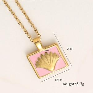 Detail of pink enamel scallop shell square pendant necklace showing size and weight specs