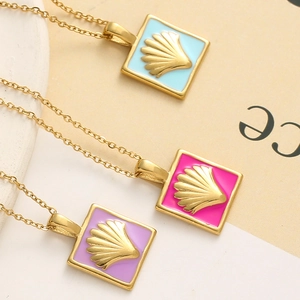 Three-piece gold square scallop pendant necklace set with colorful enamel inlays