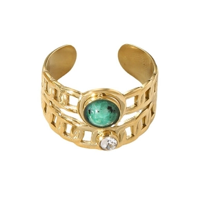 Vintage wide gold open ring with green natural stone and white diamond for women
