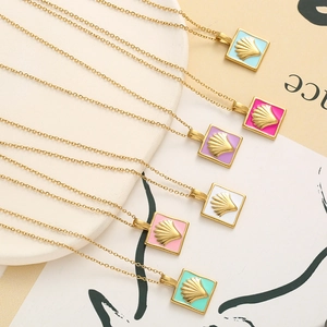 Golden square enamel scallop pendants in six vibrant colors on delicate link chains