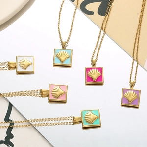 Elegant gold square pendant necklaces with colorful enamel scallop shells on mirror base