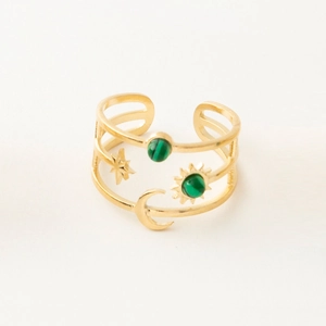 Detail of 18k gold plated sun moon and star ring with green malachite stones