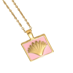 Gold plated square pendant necklace with pink enamel and scallop motif on cross chain