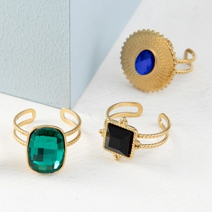 18k gold plated stainless steel geometric rings with green black and blue zircon stones