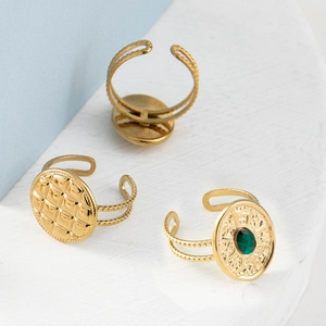 Vintage 18k gold plated stainless steel geometric rings with green gemstone accents