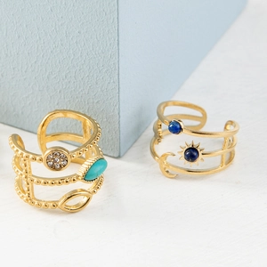 Two-piece 18k gold plated open ring set with vintage geometric zircon and turquoise
