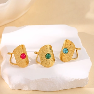 Bohemian Stainless Steel Adjustable Open Ring Natural Stone Inlaid Sunburst Engraved Vintage Ethnic Jewelry For Women